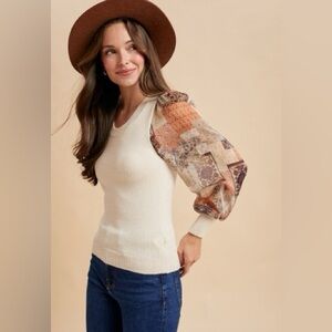 Beige brown floral boho bubble sleeve knit chiffon sleeve knit sweater